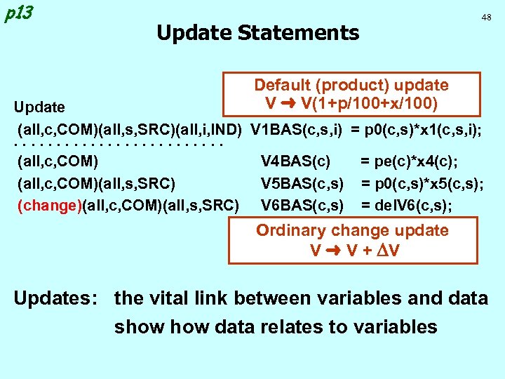 p 13 Update Statements 48 Default (product) update V V(1+p/100+x/100) Update (all, c, COM)(all,