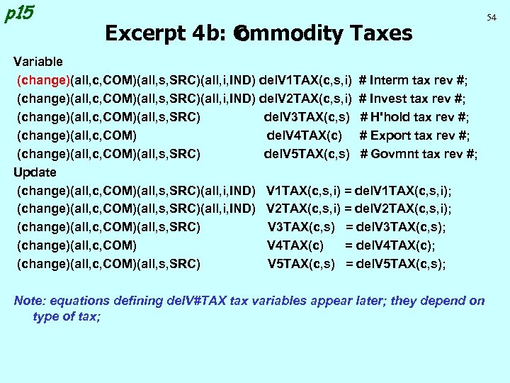 p 15 Excerpt 4 b: C ommodity Taxes Variable (change)(all, c, COM)(all, s, SRC)(all,