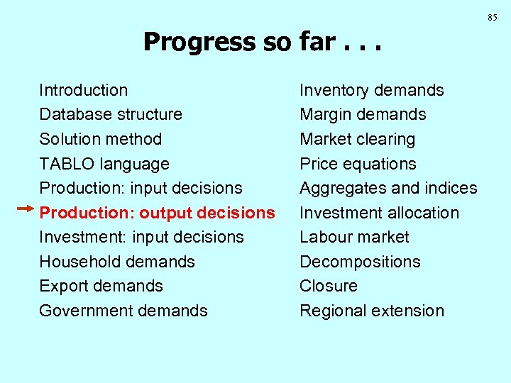 85 Progress so far. . . Introduction Database structure Solution method TABLO language Production: