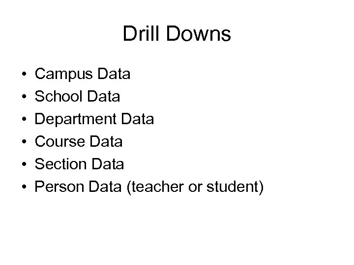 Drill Downs • • • Campus Data School Data Department Data Course Data Section