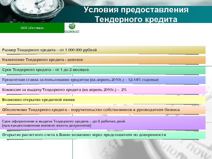 Company name ООО «Система» Условия предоставления Тендерного кредита Размер Тендерного кредита – от 1