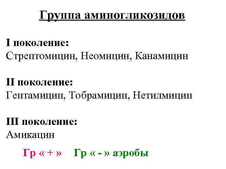 Группа аминогликозидов I поколение: Стрептомицин, Неомицин, Канамицин II поколение: Гентамицин, Тобрамицин, Нетилмицин III поколение: