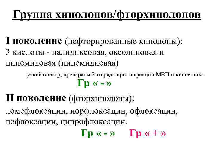 Группа хинолонов/фторхинолонов I поколение (нефторированные хинолоны): 3 кислоты - налидиксовая, оксолиновая и пипемидовая (пипемидиевая)