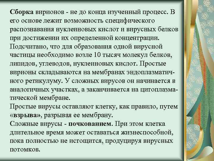 Сборка вирионов - не до конца изученный процесс. В его основе лежит возможность специфического