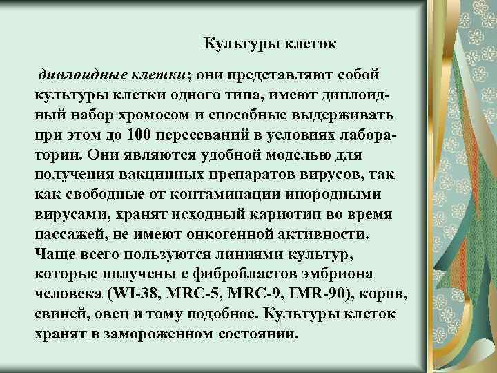 Культуры клеток диплоидные клетки; они представляют собой культуры клетки одного типа, имеют диплоидный набор
