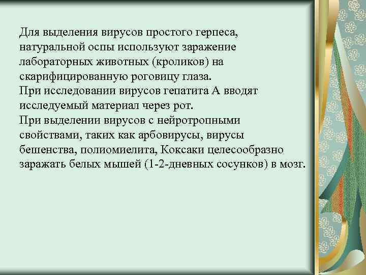 Для выделения вирусов простого герпеса, натуральной оспы используют заражение лабораторных животных (кроликов) на скарифицированную
