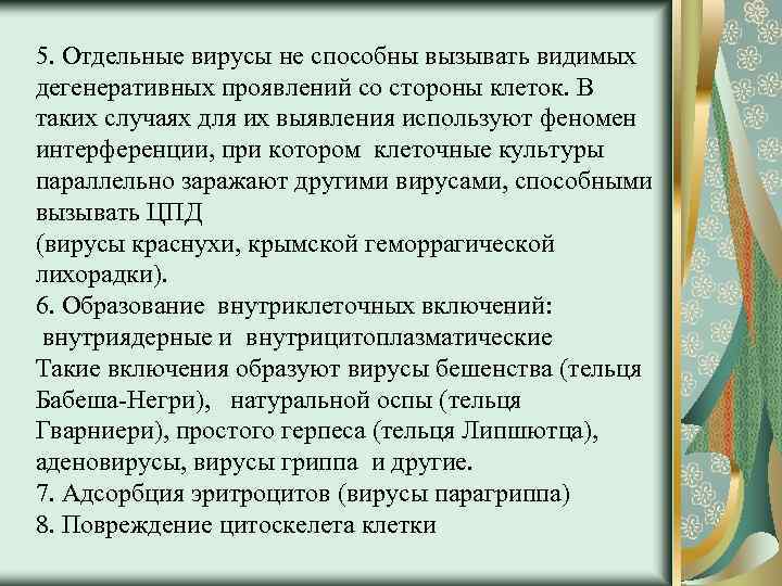 5. Отдельные вирусы не способны вызывать видимых дегенеративных проявлений со стороны клеток. В таких