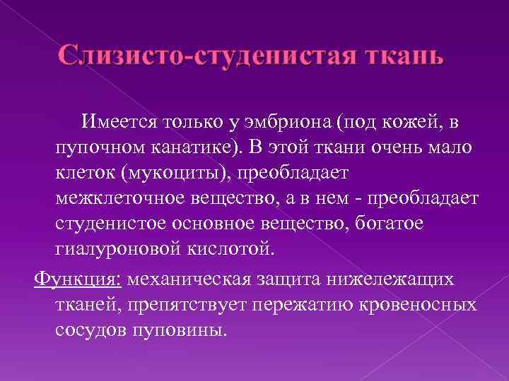 Слизисто-студенистая ткань Имеется только у эмбриона (под кожей, в пупочном канатике). В этой ткани
