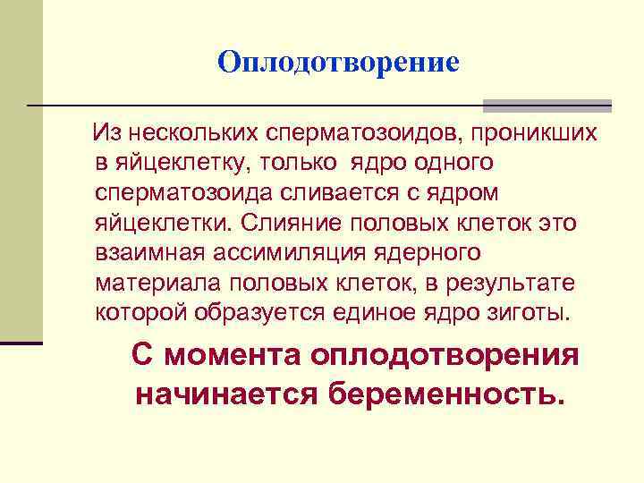 Оплодотворение Из нескольких сперматозоидов, проникших в яйцеклетку, только ядро одного сперматозоида сливается с ядром