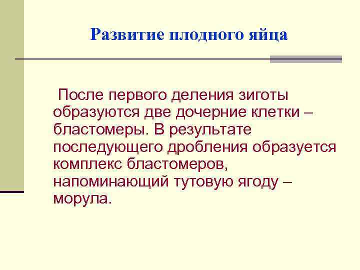 Развитие плодного яйца После первого деления зиготы образуются две дочерние клетки – бластомеры. В