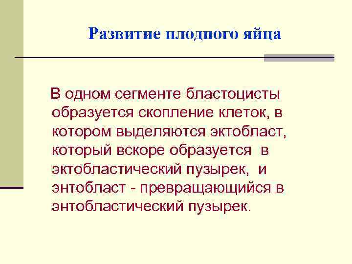 Развитие плодного яйца В одном сегменте бластоцисты образуется скопление клеток, в котором выделяются эктобласт,