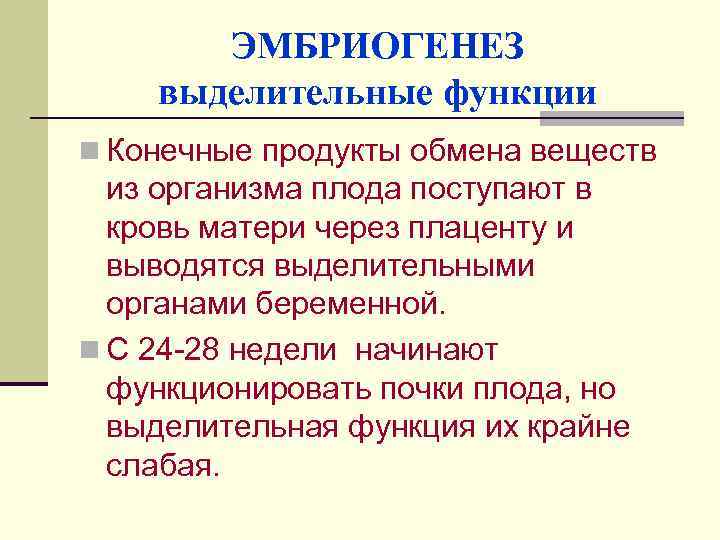 ЭМБРИОГЕНЕЗ выделительные функции n Конечные продукты обмена веществ из организма плода поступают в кровь