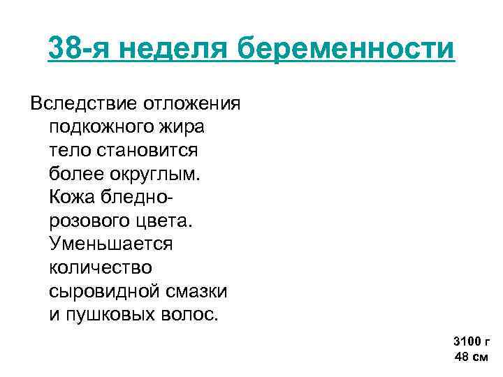 38 -я неделя беременности Вследствие отложения подкожного жира тело становится более округлым. Кожа бледнорозового