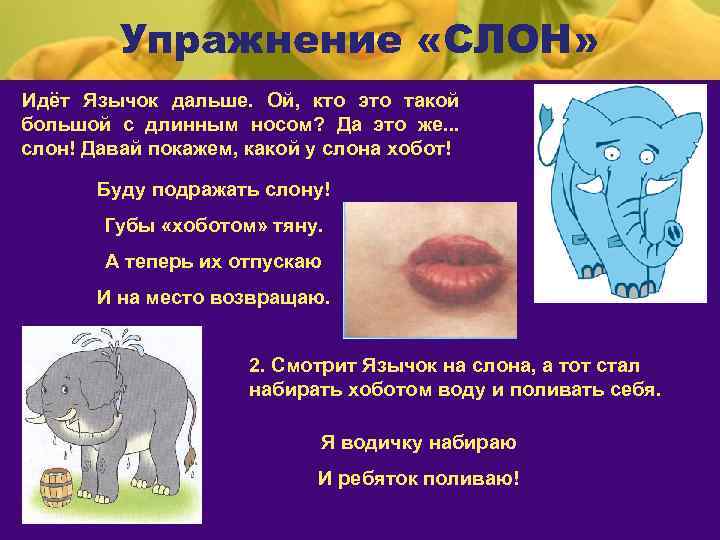 Упражнение «СЛОН» Идёт Язычок дальше. Ой, кто это такой большой с длинным носом? Да