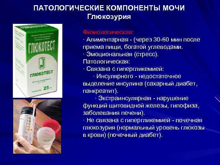 ПАТОЛОГИЧЕСКИЕ КОМПОНЕНТЫ МОЧИ Глюкозурия Физиологическая: · Алиментарная - (через 30 -60 мин после приема