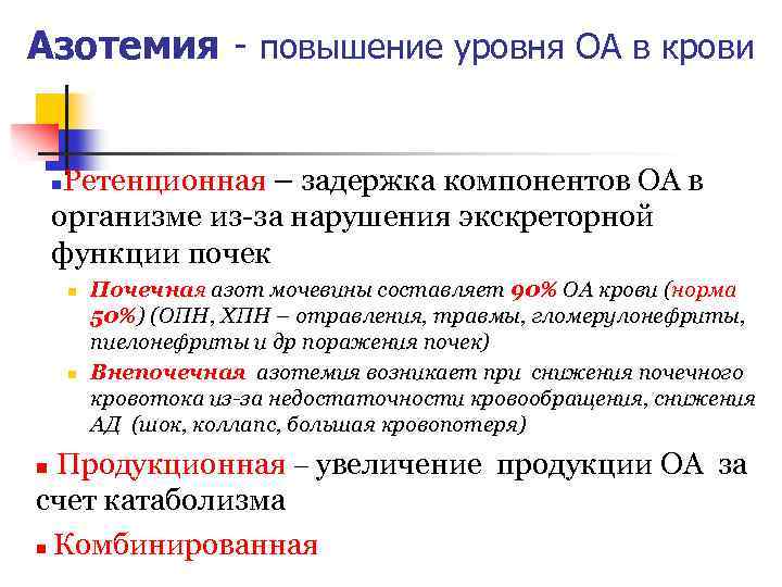 Азотемия - повышение уровня ОА в крови Ретенционная – задержка компонентов ОА в организме