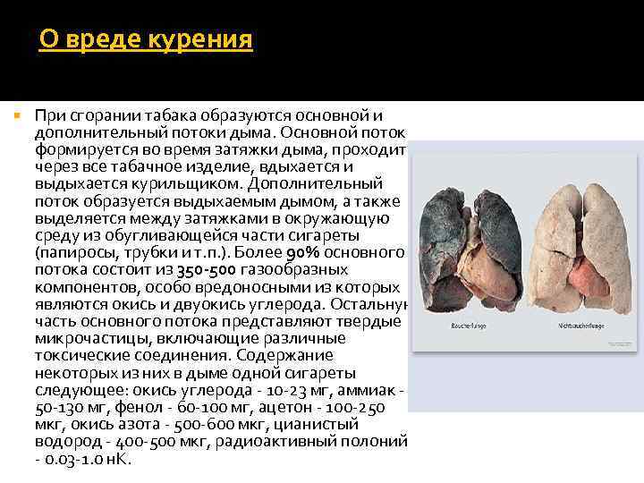 О вреде курения При сгорании табака образуются основной и дополнительный потоки дыма. Основной поток