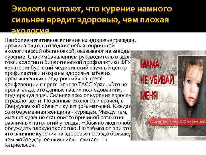  Экологи считают, что курение намного сильнее вредит здоровью, чем плохая экология Наиболее негативное