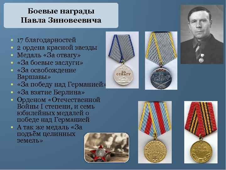 Боевые награды Павла Зиновеевича • • • 17 благодарностей 2 ордена красной звезды Медаль
