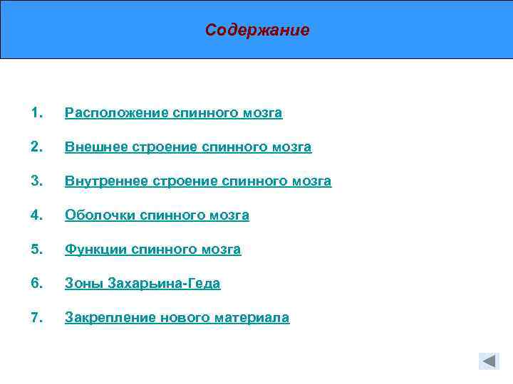 Содержание 1. Расположение спинного мозга 2. Внешнее строение спинного мозга 3. Внутреннее строение спинного