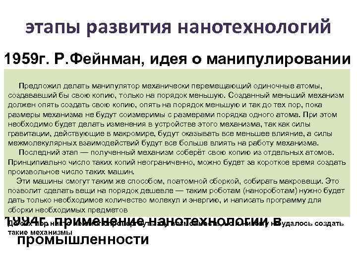 этапы развития нанотехнологий 1959 г. Р. Фейнман, идея о манипулировании атомами Предложил делать манипулятор