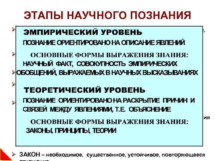 ЭТАПЫ НАУЧНОГО ПОЗНАНИЯ Ø КОНЦЕПЦИЯ (лат. ) – понимание; определенный способ понимания, трактовки идея,