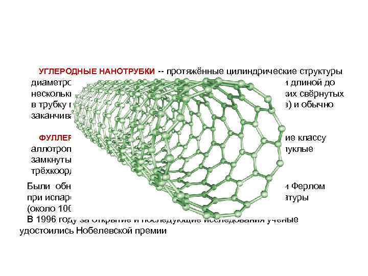  УГЛЕРОДНЫЕ НАНОТРУБКИ -- протяжённые цилиндрические структуры диаметром от одного до нескольких десятков нанометров