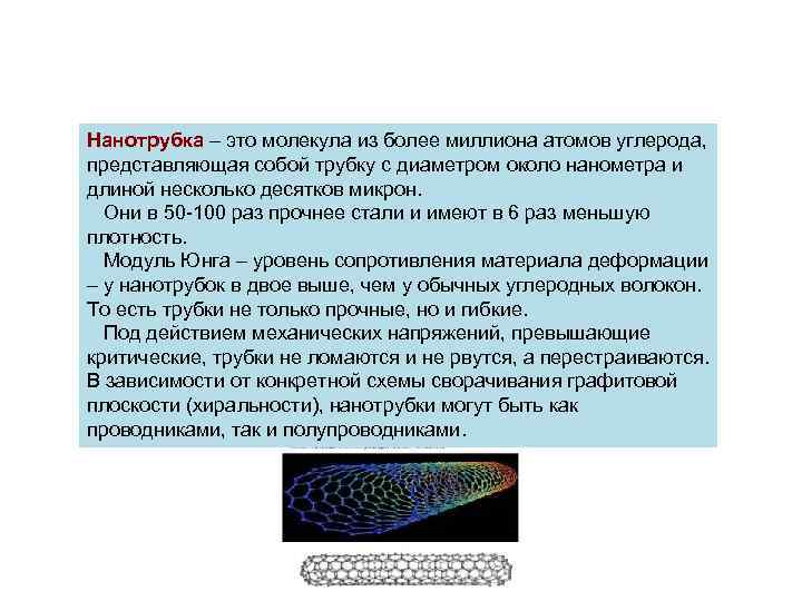 Нанотрубка – это молекула из более миллиона атомов углерода, представляющая собой трубку с диаметром