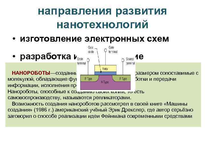 направления развития нанотехнологий • изготовление электронных схем • разработка и изготовление наномашин НАНОРОБОТЫ—созданные из