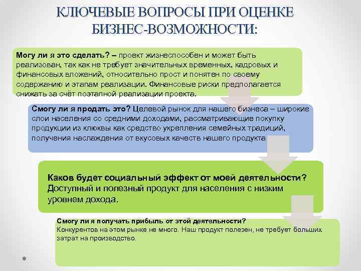 КЛЮЧЕВЫЕ ВОПРОСЫ ПРИ ОЦЕНКЕ БИЗНЕС-ВОЗМОЖНОСТИ: Могу ли я это сделать? – проект жизнеспособен и