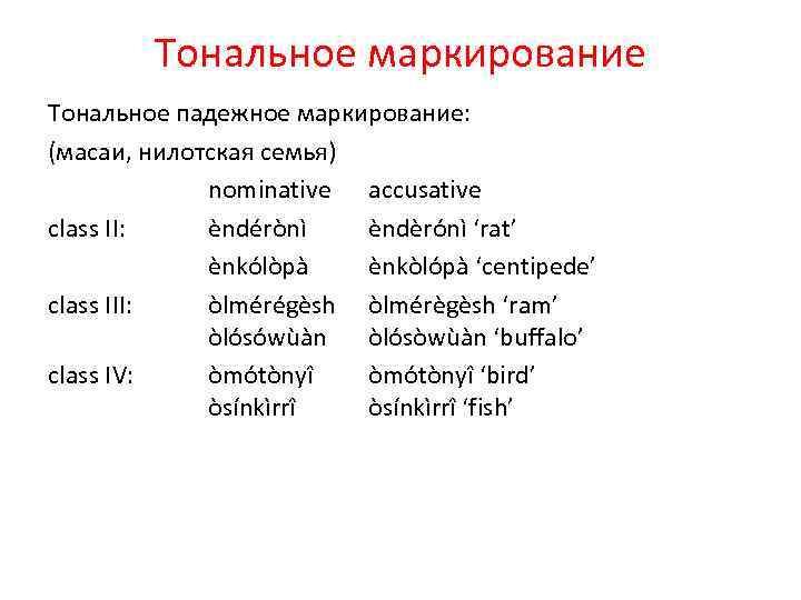 Тональное маркирование Тональное падежное маркирование: (масаи, нилотская семья) nominative accusative class II: èndérònì èndèrónì