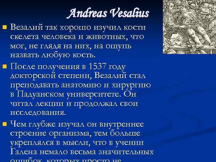 Andreas Vesalius Везалий так хорошо изучил кости скелета человека и животных, что мог, не