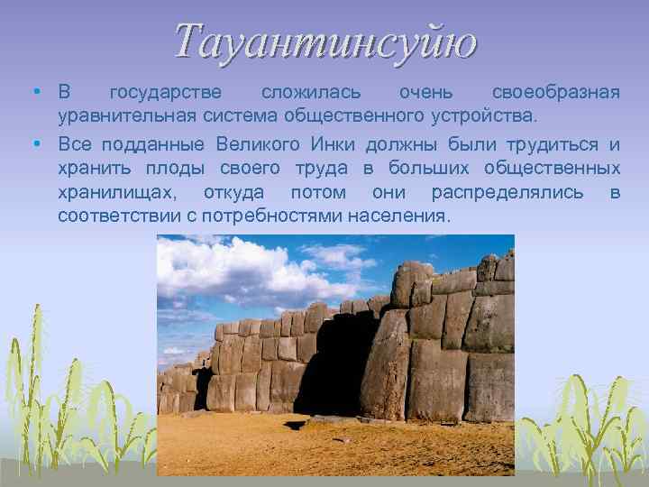 Тауантинсуйю • В государстве сложилась очень своеобразная уравнительная система общественного устройства. • Все подданные