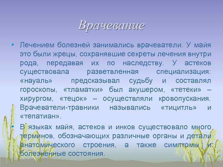 Врачевание • Лечением болезней занимались врачеватели. У майя это были жрецы, сохранявшие секреты лечения