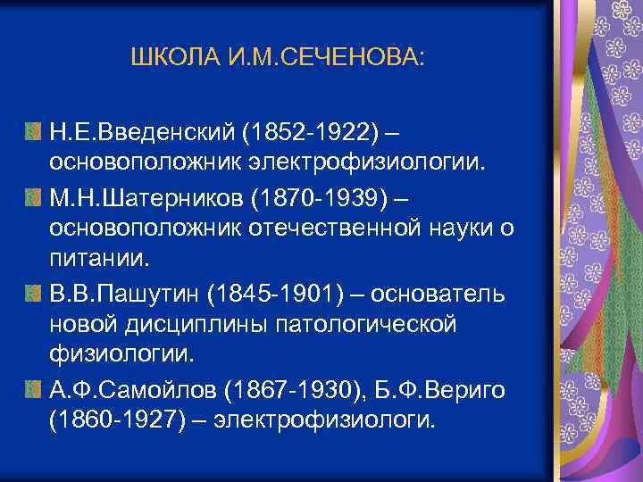 ШКОЛА И. М. СЕЧЕНОВА: Н. Е. Введенский (1852 -1922) – основоположник электрофизиологии. М. Н.