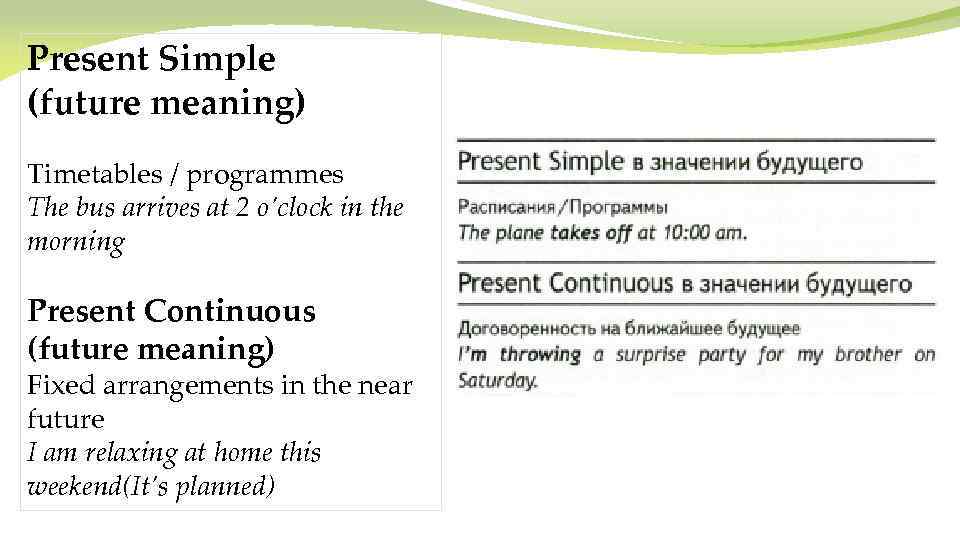 Present Simple (future meaning) Timetables / programmes The bus arrives at 2 o’clock in