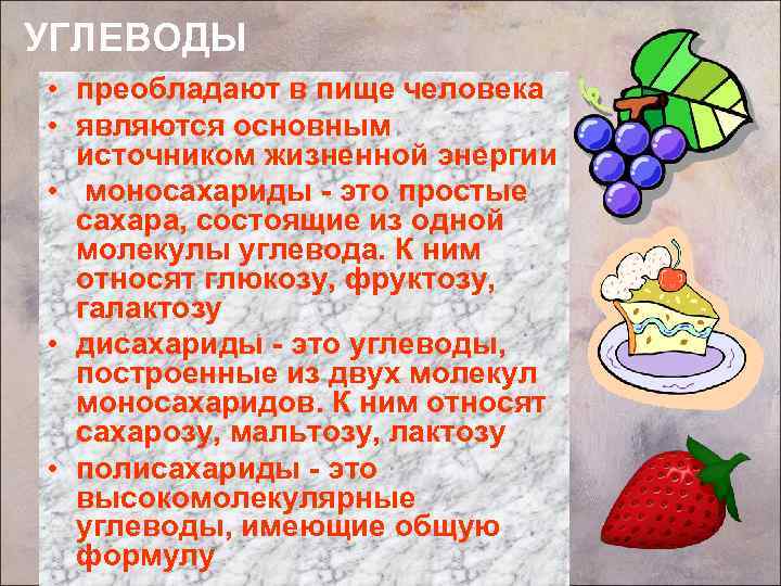 УГЛЕВОДЫ • преобладают в пище человека • являются основным источником жизненной энергии • моносахариды