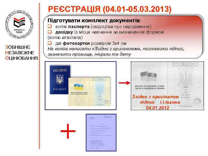 РЕЄСТРАЦІЯ (04. 01 -05. 03. 2013) Підготувати комплект документів: ЗОВНІШНЄ НЕЗАЛЕЖНЕ ОЦІНЮВАННЯ q копію