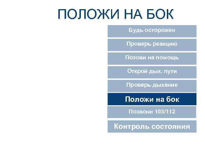 ПОЛОЖИ НА БОК Будь осторожен Проверь реакцию Позови на помощь Открой дых. пути Проверь
