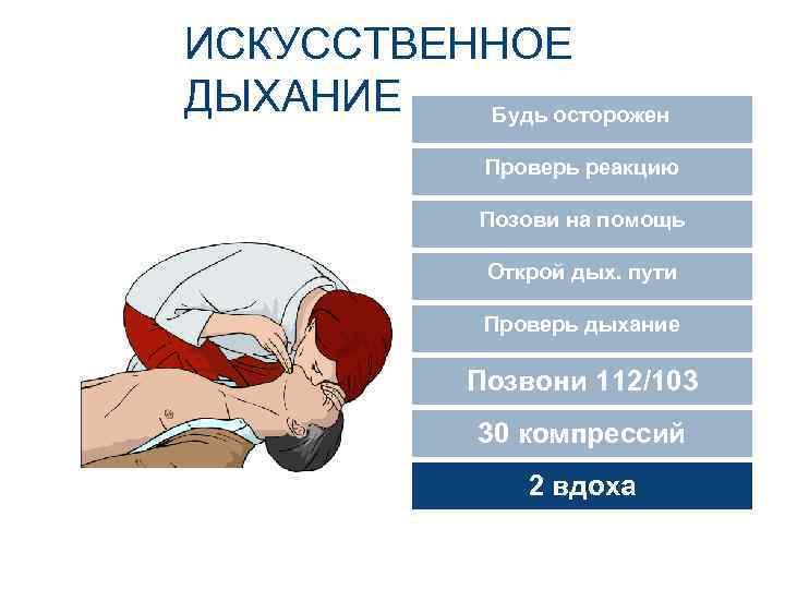 ИСКУССТВЕННОЕ ДЫХАНИЕ Будь осторожен Проверь реакцию Позови на помощь Открой дых. пути Проверь дыхание