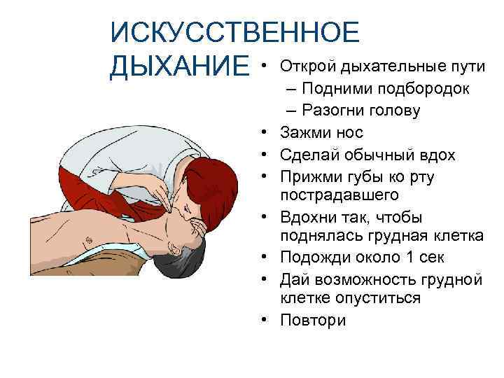 ИСКУССТВЕННОЕ ДЫХАНИЕ • Открой дыхательные пути • • – Подними подбородок – Разогни голову