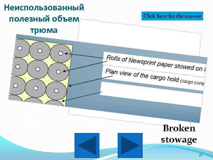 Неиспользованный полезный объем трюма Click here for the answer Broken stowage 56 