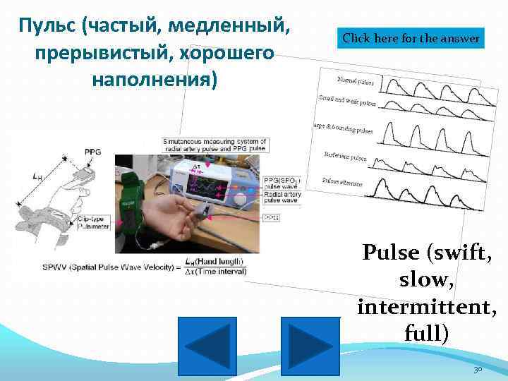 Пульс (частый, медленный, прерывистый, хорошего наполнения) Click here for the answer Pulse (swift, slow,