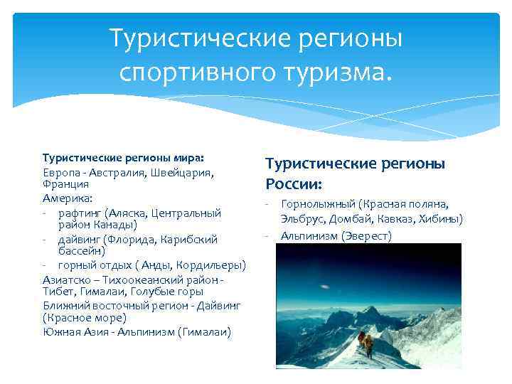 Туристические регионы спортивного туризма. Туристические регионы мира: Европа - Австралия, Швейцария, Франция Америка: -