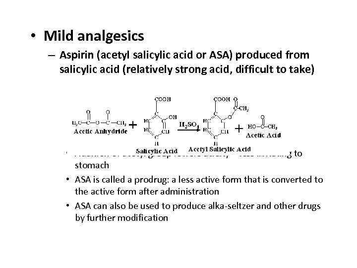  • Mild analgesics – Aspirin (acetyl salicylic acid or ASA) produced from salicylic