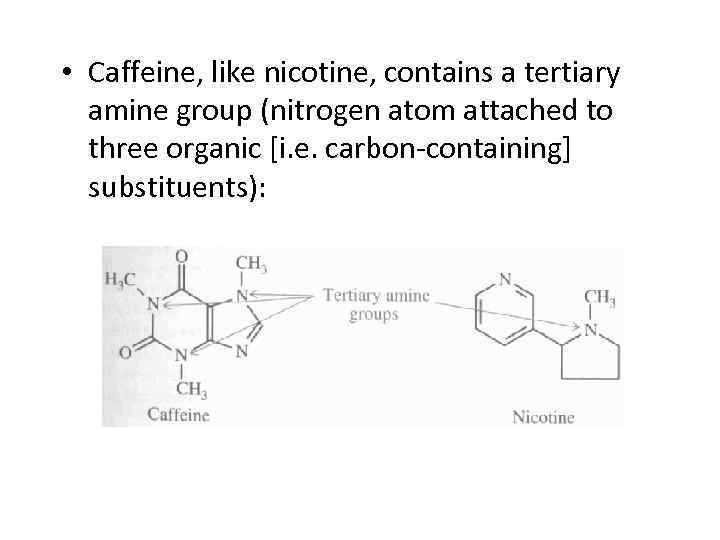  • Caffeine, like nicotine, contains a tertiary amine group (nitrogen atom attached to