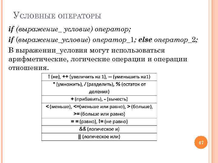 УСЛОВНЫЕ ОПЕРАТОРЫ if (выражение_ условие) оператор; if (выражение_условие) оператор_1; else оператор_2; В выражении_условия могут