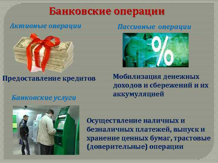 Банковские операции Активные операции Пассивные операции Предоставление кредитов Банковские услуги Мобилизация денежных доходов и