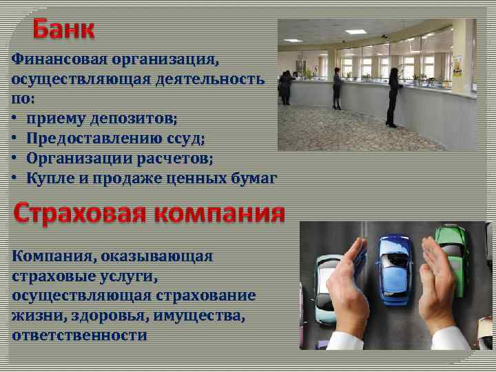 Финансовая организация, осуществляющая деятельность по: • приему депозитов; • Предоставлению ссуд; • Организации расчетов;
