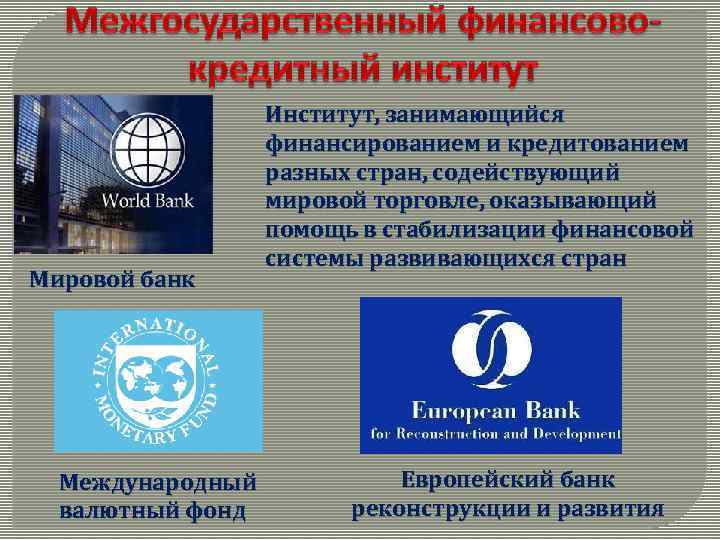 Мировой банк Международный валютный фонд Институт, занимающийся финансированием и кредитованием разных стран, содействующий мировой